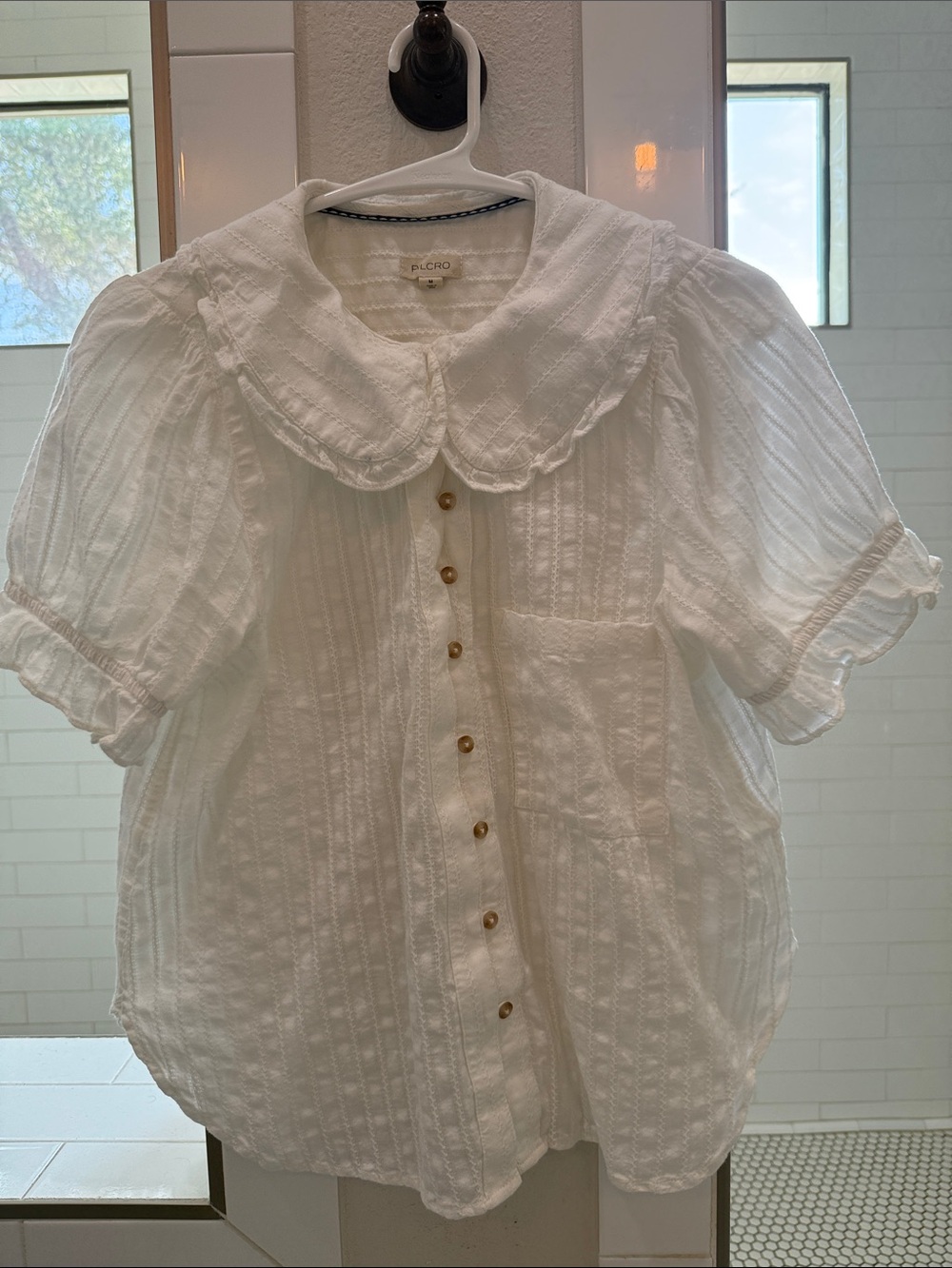 Pilcro White Textured Cotton Puff-Sleeve Button-Down Blouse Medium